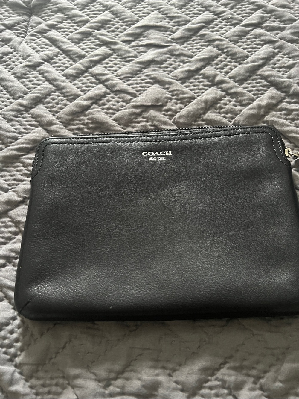 Coach Black Leather Wristlet Pouch with Silver Logo
